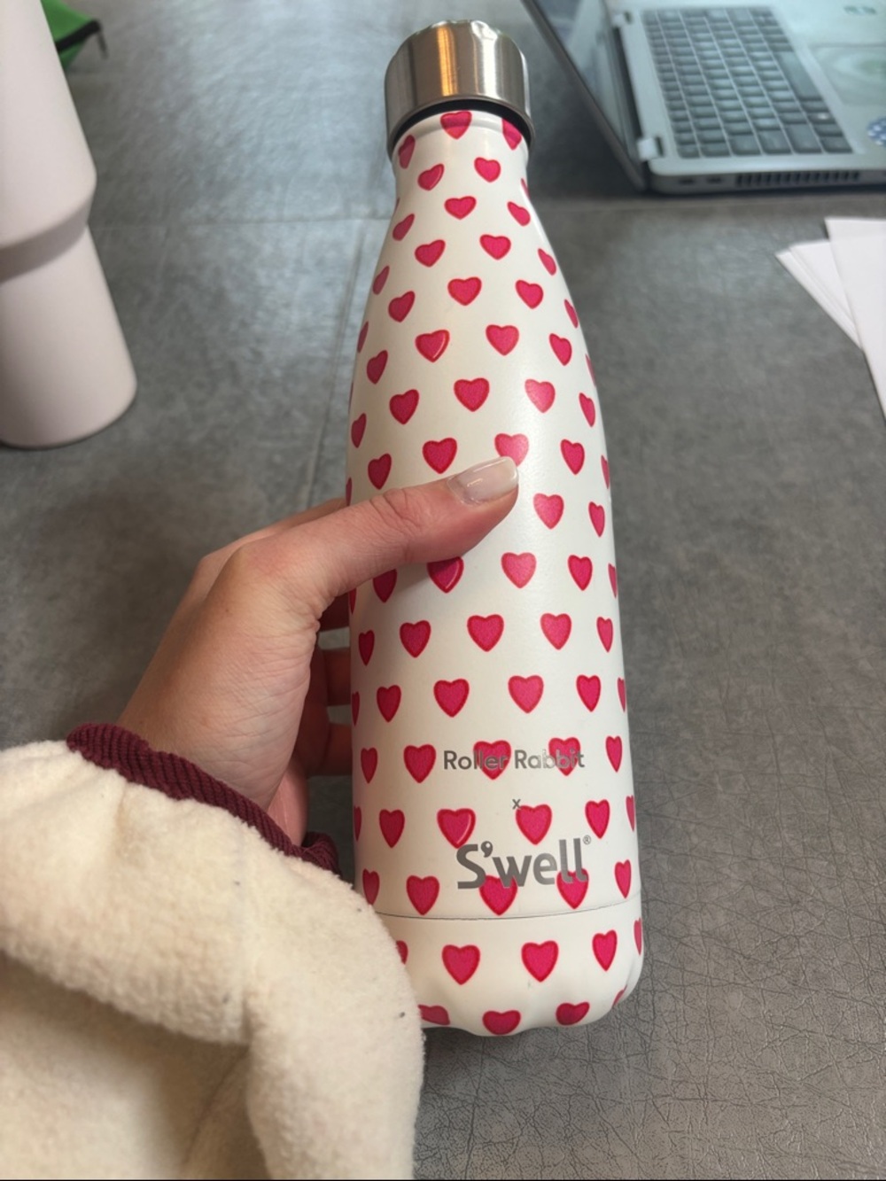 S'well White Bottle with Pink Heart Pattern